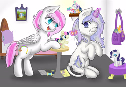 Size: 2941x2039 | Tagged: safe, artist:assa-chan, derpibooru import, bon bon, rarity, sweetie drops, oc, oc:harmony draw, oc:shooting star, pegasus, pony, unicorn, female, horn, magic, mare, plushie