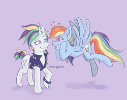 Size: 2048x1616 | Tagged: safe, artist:starryducks, derpibooru import, rainbow dash, rarity, pegasus, pony, unicorn, g4, it isn't the mane thing about you, alternate hairstyle, clothes, duo, duo female, dyed mane, female, floating heart, flying, grin, heart, heart eyes, horn, leather, leather vest, lesbian, looking at each other, looking at someone, mare, multicolored hair, no pupils, punk, purple background, raridash, raripunk, shipping, simple background, smiling, smiling at each other, spiked wristband, spread wings, standing, vest, wingding eyes, wings, wristband