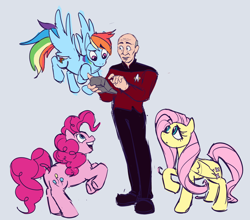 Size: 2048x1803 | Tagged: safe, artist:wizardguy1993, derpibooru import, fluttershy, pinkie pie, rainbow dash, earth pony, human, pegasus, pony, balloonbutt, butt, captain picard, crossover, female, flying, grayscale, human male, male, mare, monochrome, open mouth, plot, rearing, star trek, star trek: the next generation, tricorder