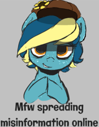 Size: 793x1012 | Tagged: safe, artist:hazaplan, derpibooru import, ponerpics import, oc, oc only, oc:dusty feather, pegasus, pony, abstract background, ear freckles, evil, female, flower, freckles, grin, half body, hat, mare, mischevious, rubbing hooves, sketch, smiling, solo, sunflower, text