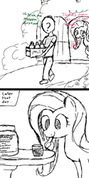 Size: 800x1600 | Tagged: safe, artist:notawriteranon, fluttershy, oc, oc:anon, human, pegasus, pony, 2 panel comic, comic, milk