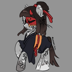 Size: 4096x4096 | Tagged: safe, artist:metaruscarlet, derpibooru import, oc, oc only, oc:ohasu, earth pony, pony, chest fluff, clothes, ear fluff, ears, gray background, kimono (clothing), mask, one eye covered, raised hoof, raised leg, simple background, solo, spotted, tattoo