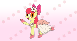 Size: 4026x2160 | Tagged: safe, artist:suryfromheaven, derpibooru import, apple bloom, scootaloo, sweetie belle, earth pony, pony, g4, make new friends but keep discord, season 5, clothes, cutie mark crusaders, dress, female, filly, flower, flower in hair, foal, gala dress, gradient background, happy, solo