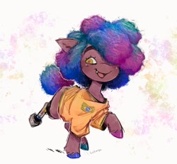 Size: 974x901 | Tagged: safe, artist:lutraviolet, derpibooru import, earth pony, pony, abstract background, afro, amputee, bipedal, blushing, brazil, brown coat, clothes, colored eyebrows, colored hooves, colored pupils, curly hair, curly mane, curly tail, ear fluff, ears, eyelashes, fangs, foal, green eyes, hair over one eye, hooves, looking back, mismatched hooves, multicolored hooves, multicolored mane, multicolored tail, open mouth, open smile, oversized clothes, oversized shirt, ponified, prosthetic leg, prosthetic limb, prosthetics, qsmp, red pupils, richarlyson (qsmp), shiny hooves, shirt, smiling, solo, species swap, standing, t-shirt, tail, thick eyebrows, unshorn fetlocks