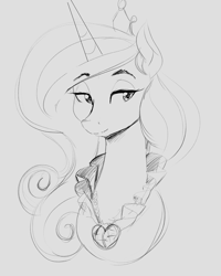 Size: 2182x2731 | Tagged: safe, artist:thelunarmoon, derpibooru import, princess cadance, alicorn, pony, g4, bust, collar shirt, eyebrows, eyebrows visible through hair, female, grayscale, high res, lidded eyes, mare, monochrome, pencil drawing, solo, traditional art