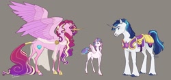 Size: 1920x910 | Tagged: safe, artist:solkatt-arts, derpibooru import, princess cadance, princess flurry heart, shining armor, alicorn, pony, unicorn, g4, cloven hooves, concave belly, curved horn, family, female, filly, filly flurry heart, foal, gray background, height difference, hoers, horn, horn ring, large wings, long horn, long legs, male, mare, older, older flurry heart, physique difference, ring, shiningcadance, shipping, simple background, slender, smiling, spread wings, stallion, straight, thin, thin legs, trio, unshorn fetlocks, wings