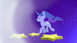 Size: 3984x2268 | Tagged: safe, artist:nedemai, derpibooru import, oc, oc only, pony, unicorn, atg 2024, eyes closed, high res, horn, newbie artist training grounds, smiling, solo, stars, windswept mane