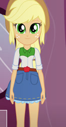 Size: 490x936 | Tagged: safe, artist:qbert2kcat, derpibooru import, applejack, human, equestria girls, g4, belt, clothes, cowboy hat, cowgirl, denim, denim skirt, female, hat, shirt, skirt, solo, stetson