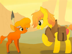 Size: 2732x2048 | Tagged: safe, artist:mandumustbasukanemen, derpibooru import, braeburn, little strongheart, buffalo, pony, g4, over a barrel, atg 2024, duo, duo male and female, female, looking at each other, looking at someone, male, nervous, newbie artist training grounds, scene interpretation, smiling