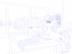 Size: 1920x1440 | Tagged: safe, artist:novaintellus, derpibooru import, coco pommel, earth pony, pony, g4, atg 2024, bipedal, bipedal leaning, female, leaning, looking out the window, manehattan, mare, monochrome, newbie artist training grounds, sewing machine, simple background, solo, white background, window