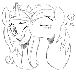 Size: 3000x3000 | Tagged: safe, artist:texacity, derpibooru import, big macintosh, princess cadance, alicorn, earth pony, pony, g4, bust, cadmac, duo, duo male and female, eyes closed, female, grayscale, heart, heart eyes, infidelity, kiss on the cheek, kissing, male, monochrome, one eye closed, open mouth, open smile, shipping, simple background, sketch, smiling, straight, white background, wingding eyes