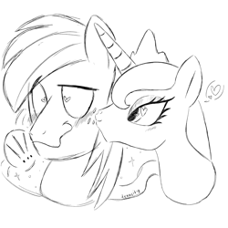 Size: 3000x3000 | Tagged: safe, artist:texacity, derpibooru import, big macintosh, princess luna, alicorn, earth pony, pony, g4, bust, duo, duo male and female, female, grayscale, heart, heart eyes, kiss on the cheek, kissing, male, mare, monochrome, ship:lunamac, shipping, sketch, smiling, straight, wavy mouth, wingding eyes