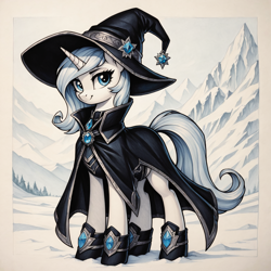 Size: 1536x1536 | Tagged: safe, ai content, derpibooru import, generator:stable diffusion, machine learning generated, oc, oc only, pony, unicorn, black cloak, blue eyes, clothes, female, full body, gemstones, generator:bluefox mix, hat, hoof boots, horn, jewelry, mage, mare, mountain, outdoors, prompter:tyto4tme4l, smiling, snow, solo, tree, white coat, wizard, wizard hat, wizard robe