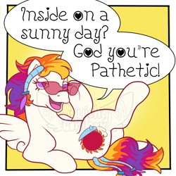 Size: 1050x1050 | Tagged: safe, artist:squishy-lombax, derpibooru import, sunny daze (g3), pegasus, pony, g3, alone on a friday night? god you're pathetic, crossed legs, dialogue, female, hoof hold, lidded eyes, lying down, mare, meme, obtrusive watermark, on back, open mouth, open smile, ponified, ponified meme, simple background, smiling, smug, solo, speech bubble, sunglasses, talking to viewer, watermark, yellow background