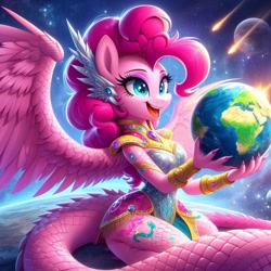 Size: 1024x1024 | Tagged: safe, ai content, derpibooru import, generator:bing image creator, generator:dall-e 3, machine learning generated, pinkie pie, anthro, dragon, g4, bigger than a planet, bust, collage, cute, dragoness, dragonified, female, giantess, macro, open mouth, open smile, portrait, prompt in description, prompter:neutralfire, race swap, smiling, species swap