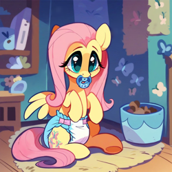 Size: 1024x1024 | Tagged: safe, ai content, derpibooru import, generator:purplesmart.ai, generator:stable diffusion, machine learning generated, fluttershy, pegasus, pony, g4, cute, diaper, diaper fetish, female, fetish, mare, non-baby in diaper, pacifier, prompter:blue light, sitting, solo