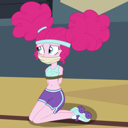 Size: 2000x2000 | Tagged: safe, artist:nie-martw-sie-o-mnie, derpibooru import, part of a set, pinkie pie, human, equestria girls, g4, scare master, afro puffs, alternate hairstyle, bondage, bound and gagged, cloth gag, clothes, costume, female, femsub, gag, halloween, halloween costume, kneeling, midriff, nightmare night costume, pinkie puffs, pinkiesub, roller skates, rope, rope bondage, shorts, skates, solo, submissive, sweatband