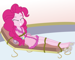 Size: 2500x2000 | Tagged: safe, artist:nie-martw-sie-o-mnie, derpibooru import, part of a set, pinkie pie, human, equestria girls, g4, bathrobe, bondage, clothes, eyes closed, feather, feet, female, femsub, foot tickling, pinkiesub, robe, rope, rope bondage, solo, spa, submissive, tickling, tied down