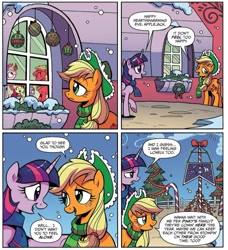 Size: 973x1069 | Tagged: safe, artist:brenda hickey, derpibooru import, idw, apple bloom, applejack, big macintosh, pinkie pie, spike, twilight sparkle, twilight sparkle (alicorn), alicorn, dragon, earth pony, pony, g4, spoiler:comic, spoiler:comicholiday2017, candy, candy cane, equestria flag, food, lonely, official comic, snow, sweet apple acres, winter
