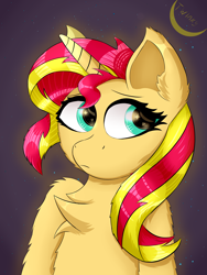 Size: 3000x4000 | Tagged: safe, artist:twinky, derpibooru import, sunset shimmer, pony, unicorn, g4, chest fluff, ear fluff, ears, female, fluffy, horn, human shoulders, mare, shoulder fluff, solo