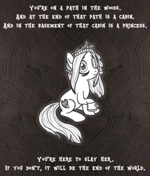 Size: 1470x1715 | Tagged: safe, artist:snowflake_pone, derpibooru import, oc, oc only, earth pony, pony, g4, chained, chains, female, glowing, jewelry, manga, manga style, mare, monochrome, simple background, slay the princess, solo, text, tiara