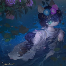 Size: 1920x1920 | Tagged: safe, artist:tingsan, derpibooru import, oc, oc only, earth pony, pony, clothes, floral head wreath, flower, lilypad, robe, solo, swimming, unshorn fetlocks, water