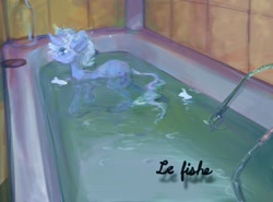 Size: 1233x910 | Tagged: safe, artist:redbirdrabbit, derpibooru import, oc, oc only, oc:can opener, pony, unicorn, bath, bathtub, curved horn, fish whisperer, horn, le fishe, partially submerged, solo, vylet pony, water