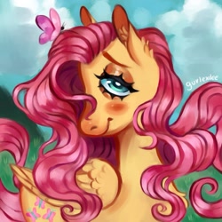 Size: 1417x1417 | Tagged: safe, artist:chrymind, derpibooru import, fluttershy, butterfly, pegasus, pony, g4, cloud, ear fluff, ears, female, folded wings, mare, outdoors, solo, wings