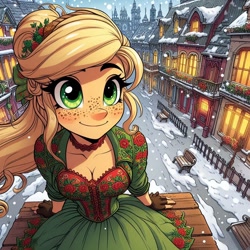 Size: 1024x1024 | Tagged: source needed, safe, ai content, derpibooru import, generator:dall-e 3, machine learning generated, applejack, human, g4, breasts, choker, clothes, corset, dress, fingerless gloves, freckles, gloves, hairstyle, humanized, ponytail, prompter needed, sitting, skirt, smiling, snow, snowfall, solo, town, victorian, winter