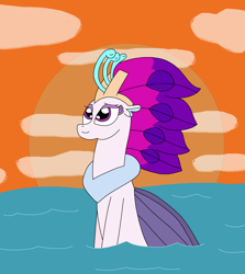 Size: 2420x2712 | Tagged: safe, artist:supahdonarudo, derpibooru import, queen novo, seapony (g4), g4, atg 2024, cloud, crepuscular rays, crown, ears, eyebrows, eyelashes, female, fin wings, fins, floppy ears, flowing mane, jewelry, looking up, newbie artist training grounds, ocean, peytral, purple mane, regalia, scales, smiling, sun, sunlight, sunset, swimming, water, wings