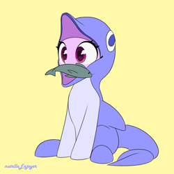 Size: 2000x2000 | Tagged: safe, artist:nutellaenjoyer, derpibooru import, sea swirl, seafoam, dolphin, fish, pony, g4, clothes, costume, cute, female, mare, mouth hold, simple background, solo, yellow background