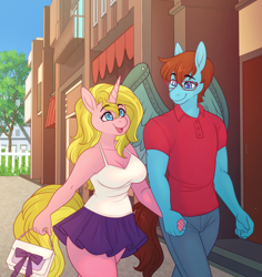 Size: 3472x3680 | Tagged: safe, artist:minettefraise, derpibooru import, oc, oc only, anthro, pegasus, pony, unicorn, amputee, anthro oc, artificial wings, augmented, bag, blonde, blonde mane, blonde tail, blue eyes, blue jeans, bow, breasts, brown mane, brown tail, building, camisole, cleavage, clothes, cybernetic wings, denim, female, fence, glasses, handbag, holding hands, horn, jeans, long mane, looking at each other, looking at someone, male, male and female, mare, miniskirt, pants, pegasus oc, polo shirt, prosthetic limb, prosthetic wing, prosthetics, skirt, smiling, smiling at each other, stallion, tail, town, tree, unicorn oc, walking, wings