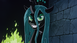 Size: 2560x1456 | Tagged: safe, ai content, derpibooru import, machine learning generated, queen chrysalis, changeling, changeling queen, g4, crown, evil smile, eyebrows, fangs, female, fire, generator:autismmix confetti, green fire, jewelry, looking at you, prompter:siber, regalia, smiling, smiling at you, solo