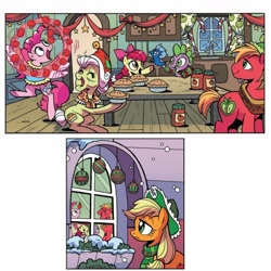 Size: 4020x4020 | Tagged: safe, artist:brenda hickey, derpibooru import, idw, apple bloom, applejack, big macintosh, granny smith, pinkie pie, spike, dragon, earth pony, pony, g4, spoiler:comic, spoiler:comicholiday2017, applesauce, food, lonely, official comic, pie, sad, sweet apple acres, windy the windigo