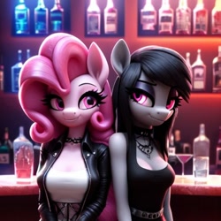 Size: 768x768 | Tagged: safe, ai content, derpibooru import, generator:stable diffusion, machine learning generated, octavia melody, pinkie pie, anthro, g4, alcohol, booze, goth, nightclub, prompter:chillyhooves
