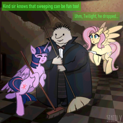 Size: 2000x2000 | Tagged: safe, artist:sibirly, derpibooru import, part of a series, part of a set, fluttershy, twilight sparkle, twilight sparkle (alicorn), alicorn, pegasus, pony, g4, bipedal, bipedal leaning, broom, butler, crossover, dialogue, eyes closed, female, flying, high res, humanoid, knife, leaning, lethal company, mare, monster, open mouth, open smile, signature, smiling, spread wings, sweeping, sweepsweepsweep, wings, worried