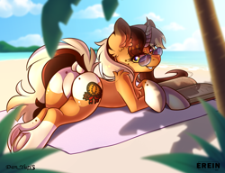 Size: 2600x2000 | Tagged: safe, alternate version, artist:erein, artist:yuris, derpibooru import, oc, oc only, oc:citrus clove, pony, unicorn, collaboration, advertisement, alternate character, beach, book, butt, cloud, commission, dock, ear fluff, ears, featureless crotch, female, frog (hoof), horn, looking at you, looking back, looking back at you, lying down, mare, ocean, outdoors, palm tree, plot, sky, smiling, smiling at you, solo, tail, tree, underhoof, water, ych result, your character here