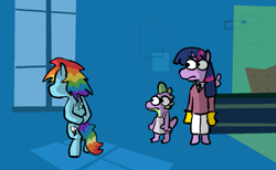 Size: 1165x716 | Tagged: safe, artist:punkittdev, derpibooru import, rainbow dash, spike, twilight sparkle, twilight sparkle (alicorn), alicorn, dragon, pegasus, pony, g4, testing testing 1-2-3, bipedal, clone high, female, hooves behind back, looking out the window, male, mare, window