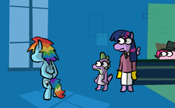 Size: 1165x716 | Tagged: safe, alternate version, artist:punkittdev, derpibooru import, pinkie pie, rainbow dash, spike, twilight sparkle, twilight sparkle (alicorn), alicorn, dragon, pegasus, pony, g4, testing testing 1-2-3, bipedal, clone high, fedora, female, hat, hiding, hooves behind back, looking out the window, male, mare, window