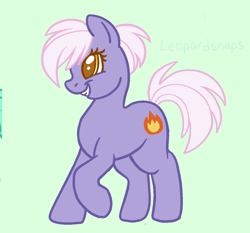 Size: 1296x1208 | Tagged: safe, artist:leopardsnaps, derpibooru import, burning passion, earth pony, pony, g4, female, green background, grin, mare, raised hoof, raised leg, simple background, smiling, solo