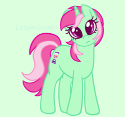 Size: 1296x1208 | Tagged: safe, artist:leopardsnaps, derpibooru import, minty bubblegum, pony, unicorn, g4, :i, female, green background, head turn, horn, looking at you, mare, simple background, solo