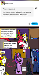 Size: 1173x2238 | Tagged: safe, artist:ask-luciavampire, derpibooru import, princess luna, twilight sparkle, oc, oc:nyx, alicorn, pony, undead, vampire, vampony, alastor, ask, hazbin hotel, hellaverse, tumblr