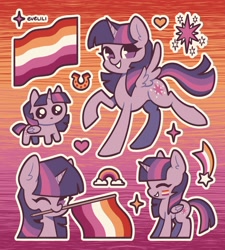 Size: 2700x3000 | Tagged: safe, artist:evelili, derpibooru import, twilight sparkle, twilight sparkle (alicorn), alicorn, pony, g4, autism creature, female, horn, lesbian pride flag, mare, pride, pride flag, raised hoof, raised leg, solo, spread wings, standing, wings