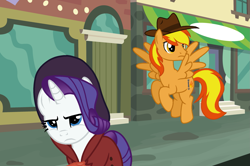 Size: 1899x1262 | Tagged: safe, artist:princesslilybrush, derpibooru import, rarity, oc, oc:firey ratchet, pegasus, unicorn, g4, clothes, detective, detective rarity, duo, duo male and female, fedora, female, hat, horn, male, manehattan, trenchcoat