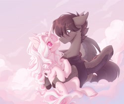 Size: 3700x3100 | Tagged: safe, artist:avroras_world, derpibooru import, oc, pegasus, pony, unicorn, blushing, cloud, commission, cuddling, ears, female, floppy ears, horn, looking at each other, looking at someone, male, mare, oc x oc, on a cloud, shipping, signature, sitting, sitting on cloud, stallion, straight