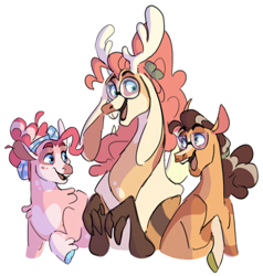 Size: 1800x1891 | Tagged: safe, artist:baylard, derpibooru import, cheese sandwich, pinkie pie, oc, oc:mascarpone pie, draconequus, earth pony, pony, alternate design, antlers, blu ehooves, cheesepie, colored antlers, colored ears, colored eyebrows, colored hooves, colored muzzle, colored pinnae, draconequus oc, ears, facial markings, family, female, floating eyebrows, floppy ears, glasses, green hooves, headband, hooves, leg fluff, long ears, looking at each other, looking at someone, male, mare, mealy mouth (coat marking), offspring, older, older cheese sandwich, older pinkie pie, open mouth, open smile, parent:cheese sandwich, parent:pinkie pie, parents:cheesepie, pink mane, raised arms, round glasses, shipping, shoulder fluff, simple background, smiling, smiling at each other, sokcs (coat markings), stallion, straight, trio, white background