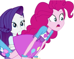 Size: 3135x2520 | Tagged: safe, derpibooru import, edit, edited screencap, editor:homersimpson1983, screencap, pinkie pie, rarity, human, equestria girls, g4, arms, background removed, bending, bracelet, clothes, crossed arms, duo, duo female, elbowed sleeves, eyelashes, eyeshadow, female, fingers, frown, hairpin, hand, jewelry, leaning, leaning forward, long hair, makeup, not a vector, open frown, open mouth, raised leg, shirt, short sleeves, simple background, skirt, talking, teenager, teeth, tongue, top, transparent background, vest