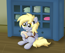 Size: 3403x2820 | Tagged: safe, artist:background basset, derpibooru import, derpy hooves, pegasus, pony, g4, box, clothes, cute, derpabetes, female, folded wings, hoof hold, indoors, looking at something, mail, mailmare, mailmare uniform, mare, sitting, smiling, solo, uniform, wings, wooden floor