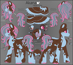 Size: 3900x3500 | Tagged: safe, artist:medkit, derpibooru import, oc, oc only, oc:akana (heart's joy), pegasus, pony, bust, closed mouth, coat markings, color palette, colored ears, colored eyebrows, colored eyelashes, colored hooves, colored lineart, colored pupils, colored wings, colored wingtips, cookie, cutie mark, dark coat, eye clipping through hair, eyebrows, eyebrows visible through hair, eyes open, feathered wings, female, food, full body, glaze, gradient background, heart, heart shaped, high res, hooves, lightly watermarked, long mane, long tail, mare, multicolored coat, open mouth, oral cavity, owner:medkit, pegasus oc, pink eyes, quadrupedal, reference sheet, side view, signature, silhouette, smiling, solo, spiral, standing, sternocleidomastoid, striped mane, striped tail, stripes, tail, teeth, text, tongue, tongue out, two toned mane, two toned tail, two toned wings, unshorn fetlocks, wall of tags, watermark, wavy mane, wavy tail, wings