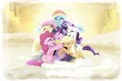 Size: 2400x1600 | Tagged: safe, artist:darksly, derpibooru import, applejack, fluttershy, pinkie pie, rainbow dash, rarity, twilight sparkle, earth pony, pegasus, pony, unicorn, atg 2024, cloud, crying, eyes closed, female, group hug, halo, heaven, horn, hug, immortality blues no more, mane six, mare, newbie artist training grounds, on a cloud, open mouth, open smile, sitting, sitting on cloud, smiling, tears of joy
